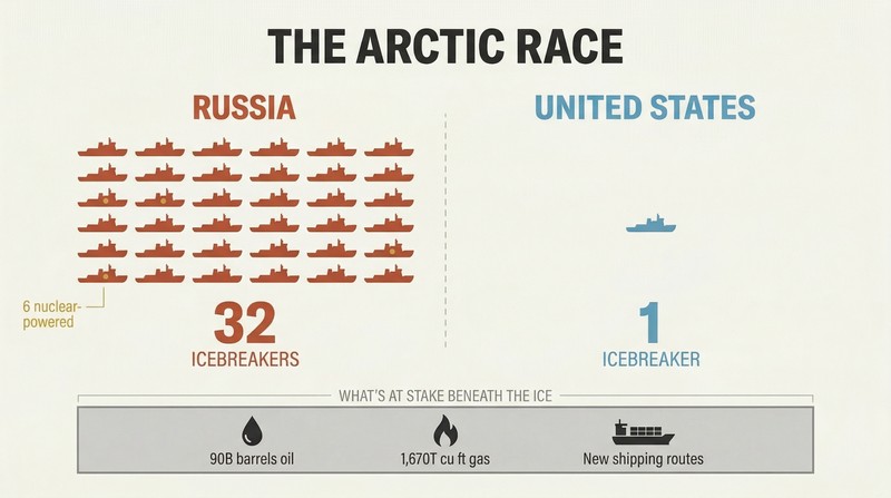 Split comparison showing Russia's fleet of thirty-two icebreaker silhouettes dwarfing the single United States icebreaker, above a shared layer of Arctic resource icons.