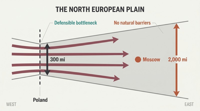 Funnel-shaped corridor narrow at Poland and widening dramatically at Russia's border, with invasion arrows flowing eastward toward Moscow.