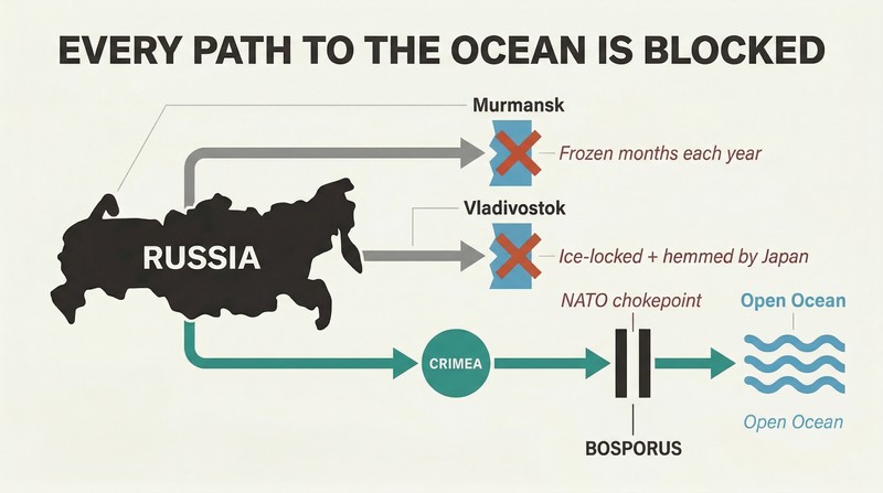 Three horizontal paths from Russia toward open ocean, two blocked by ice at Murmansk and Vladivostok, one narrowly passing through Crimea and a NATO-controlled Bosporus chokepoint.