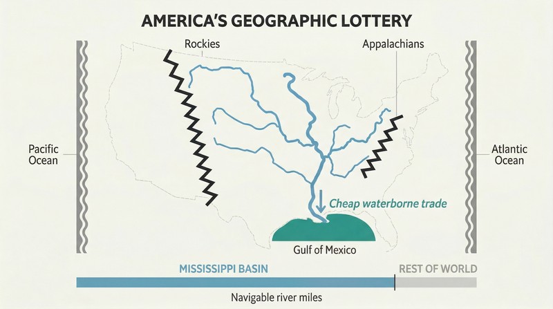 Schematic map of the US interior showing the Mississippi river network branching through a protected basin, with a proportion bar comparing its navigable miles to the rest of the world.