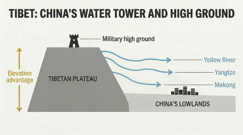 Cross-section elevation diagram showing three rivers flowing down from the high Tibetan Plateau into China's lowlands, illustrating strategic dependence on geographic control.