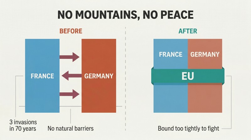 Split panel comparing France and Germany separated by a flat open plain with crossing arrows on the left, versus the same nations bound together by an EU band on the right.
