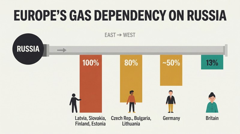 Horizontal pipeline flowing from Russia eastward with four descending bars showing country dependency levels decreasing from 100% to 13% moving westward.