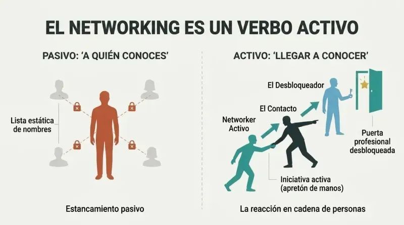 Split panel diagram comparing a static, disconnected network of name-knowing with an active, step-by-step chain of human connections unlocking a career opportunity.