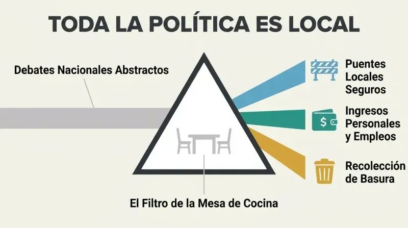 Refraction diagram showing abstract national policy entering a kitchen table prism and splitting into concrete local issues like trash collection, road repairs, and personal jobs.