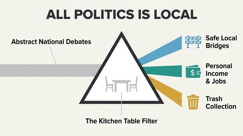 Refraction diagram showing abstract national policy entering a kitchen table prism and splitting into concrete local issues like trash collection, road repairs, and personal jobs.