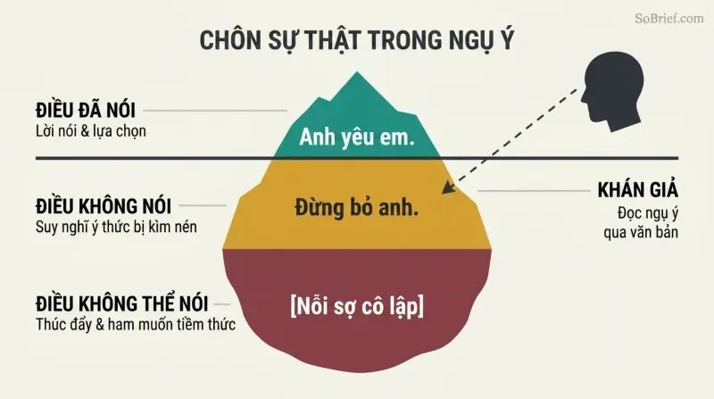 Iceberg diagram showing the three levels of speech: "The Said" at the surface, "The Unsaid" just below the water, and "The Unsayable" deep at the bottom, with an audience member's sightline penetrating the surface to read the hidden subtext.