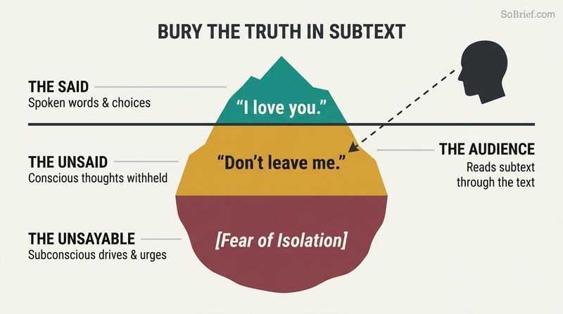 Iceberg diagram showing the three levels of speech: "The Said" at the surface, "The Unsaid" just below the water, and "The Unsayable" deep at the bottom, with an audience member's sightline penetrating the surface to read the hidden subtext.