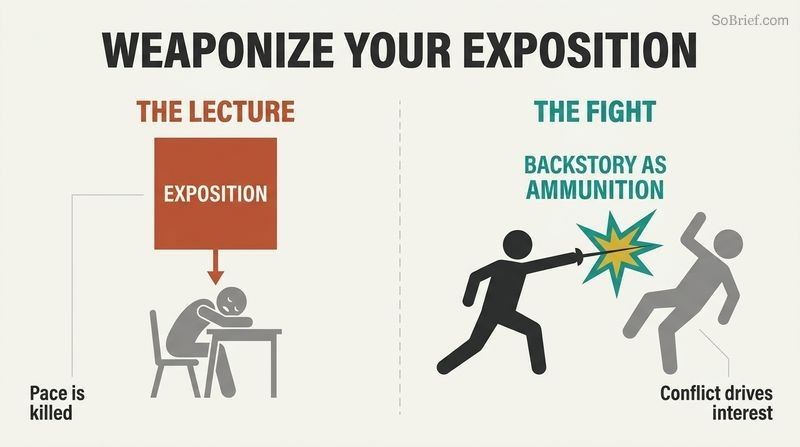 Split panel contrasting a passive lecture where exposition is dumped like a heavy weight, with an active duel where exposition is fired like sharp ammunition during a fight.