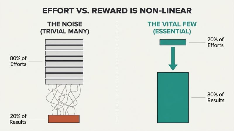 Split panel comparison showing how 80 percent of scattered effort yields only 20 percent of results, while 20 percent of focused effort yields 80 percent of results.