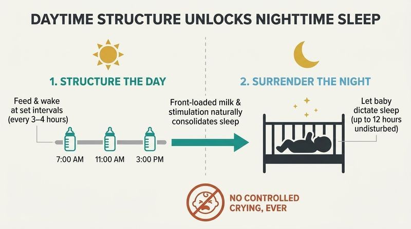 Split diagram showing structured daytime feeding intervals on the left side, which naturally unlocks peaceful, uninterrupted baby-led sleep on the right side.