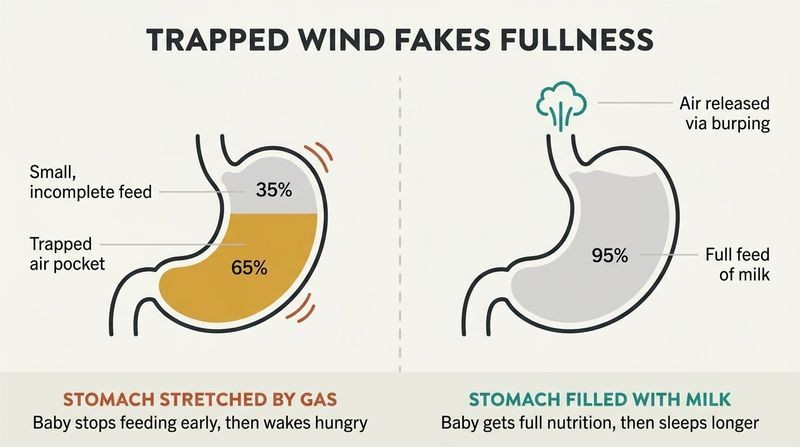 Side-by-side comparison of a baby's stomach showing how trapped air blocks milk intake and fakes fullness, compared to a fully winded stomach holding a complete feed.