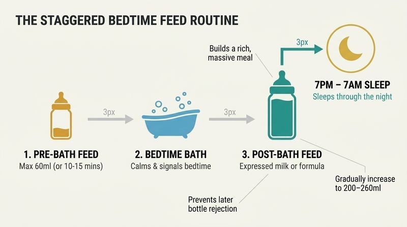 A horizontal process diagram showing the three steps of the staggered bedtime feed: a small pre-bath feed, a calming bath, and a large post-bath feed that unlocks twelve hours of sleep.