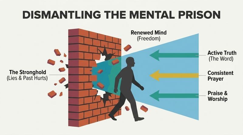 Vector diagram depicting a brick wall of mental lies being shattered by forces of truth, with a silhouette stepping through the breach into light.