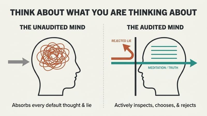 Split diagram contrasting an unaudited mind that absorbs chaotic thoughts with an audited mind that filters out lies and retains truth.