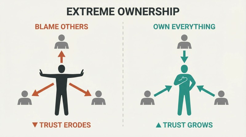 Split comparison showing arrows of blame radiating outward from a leader versus arrows of responsibility converging inward, with opposite effects on trust.