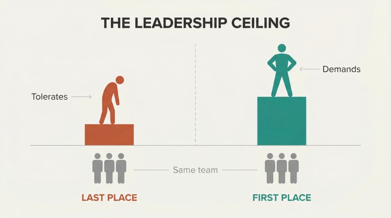 Two contrasting performance bars topped by leader silhouettes show how the same team achieves last place or first place depending solely on leadership.