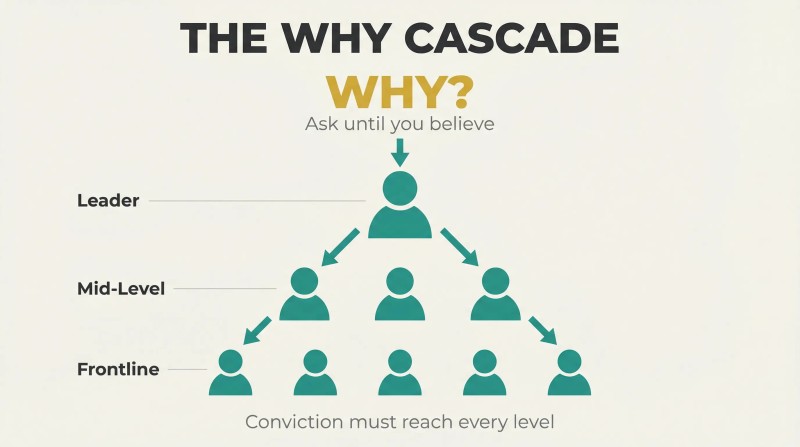 Widening pyramid of teal figures cascading from a golden WHY question through one leader to three managers to five frontline members, showing belief flowing down through every organizational level.