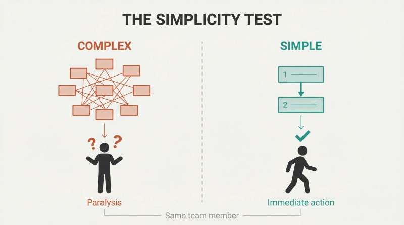 Split panel comparing a tangled complex diagram causing confusion against a clean simple diagram enabling immediate action by the same team member.