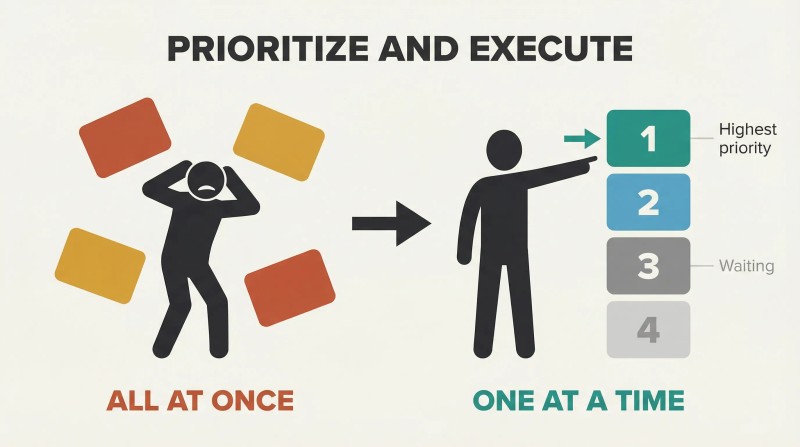 Scattered problem blocks causing paralysis on the left transform into a numbered priority stack for sequential execution on the right.