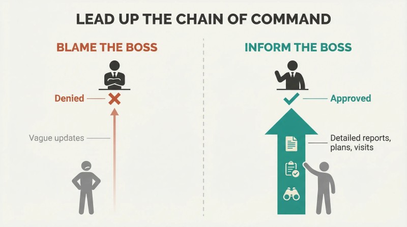 Split panel comparing a thin upward information arrow that gets denied versus a thick upward information arrow that earns approval from leadership.