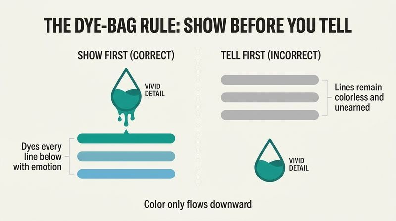 Split-panel diagram illustrating Pat Pattison's dye-bag metaphor, showing how placing a concrete detail at the top of a verse drips emotional color downward, while placing it at the bottom leaves preceding lines flat and gray.