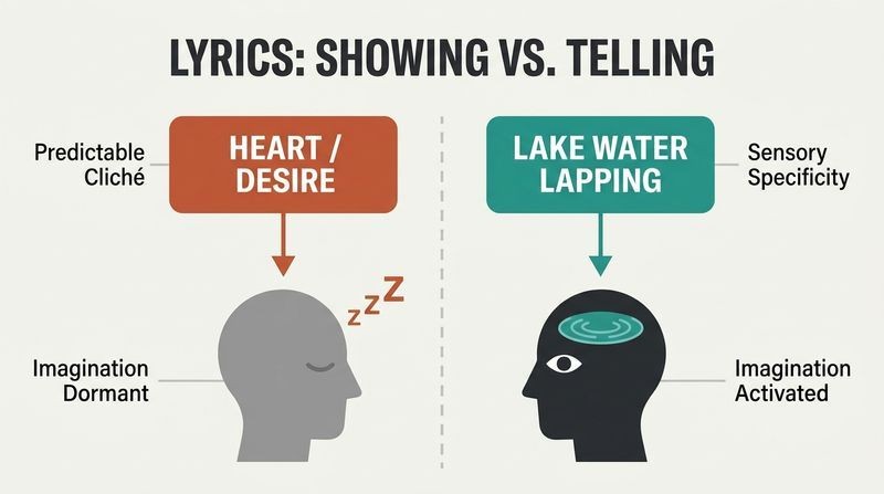 Split panel diagram contrasting how cliché lyrics put a listener's imagination to sleep while sensory lyrics activate a vivid mental image.