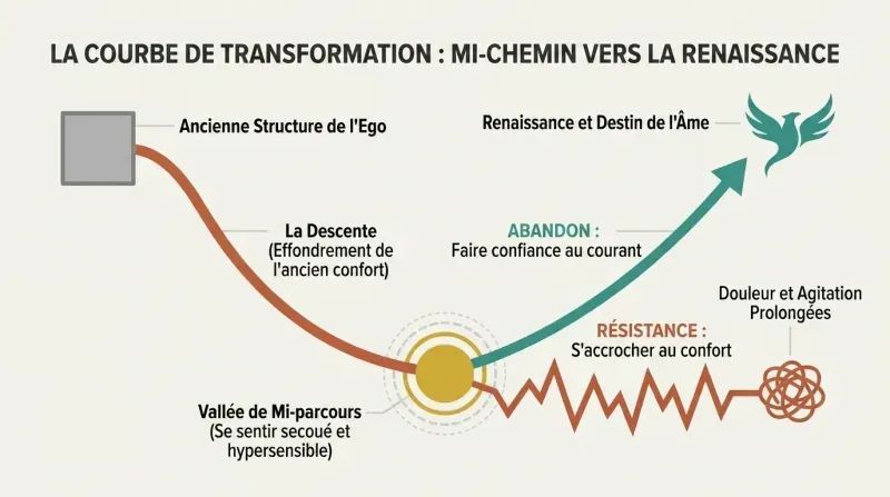 A U-shaped transformation diagram showing how the chaotic midway point of feeling shaken can branch into stagnant pain through resistance, or upward rebirth through surrender.