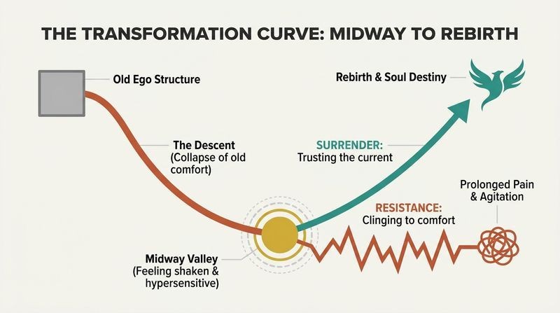 A U-shaped transformation diagram showing how the chaotic midway point of feeling shaken can branch into stagnant pain through resistance, or upward rebirth through surrender.