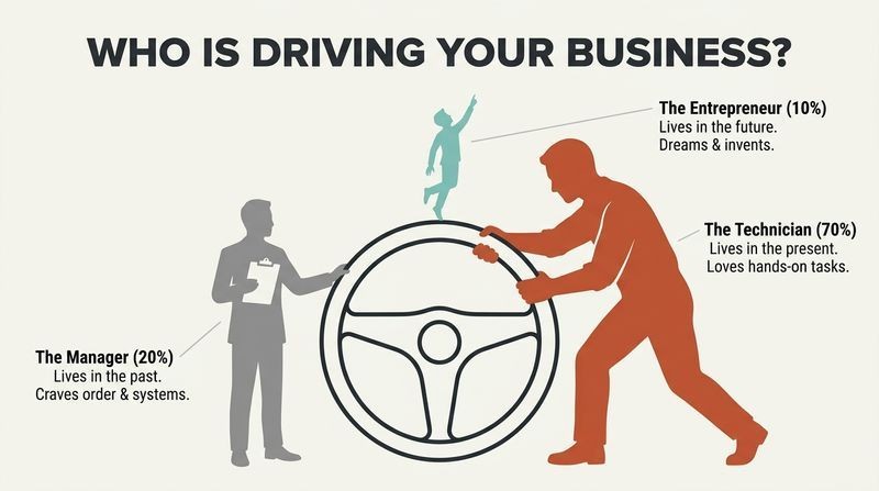 Proportional diagram showing three minimalist figures of highly unequal sizes—the dominant 70% Technician, the 20% Manager, and the tiny 10% Entrepreneur—struggling for control of a central steering wheel.