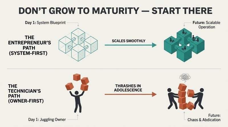 A two-track diagram contrasting the structured, systems-first Entrepreneur's Path against the chaotic, owner-dependent Technician's Path.