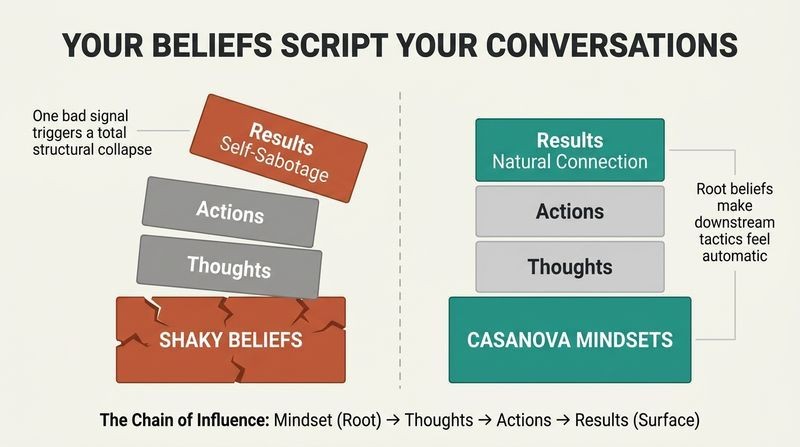 Split diagram comparing a collapsing stack of blocks labeled "Shaky Beliefs" with an aligned, stable block stack labeled "Casanova Mindsets" to show how root beliefs dictate conversational success.