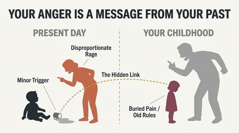 Split diagram showing how present-day parental rage at a child's spill is linked directly to the parent's own childhood memory of being harshly punished.