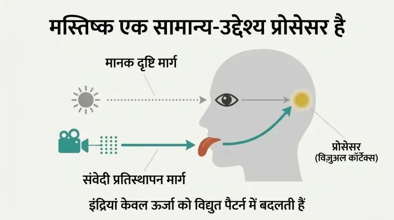 Converging pathway diagram of a human head profile showing how both light entering the eye and touch signals on the tongue are routed to the visual cortex at the back of the brain.