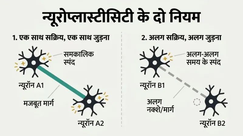 Split diagram showing how neurons active at the same moment strengthen their connections, while neurons active at separate times weaken and separate.