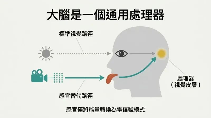 Converging pathway diagram of a human head profile showing how both light entering the eye and touch signals on the tongue are routed to the visual cortex at the back of the brain.