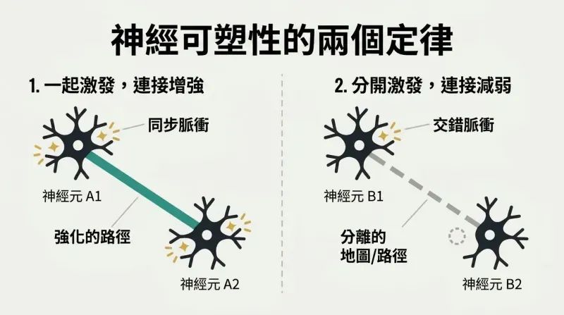 Split diagram showing how neurons active at the same moment strengthen their connections, while neurons active at separate times weaken and separate.