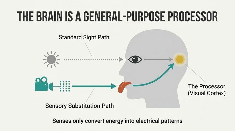 Converging pathway diagram of a human head profile showing how both light entering the eye and touch signals on the tongue are routed to the visual cortex at the back of the brain.
