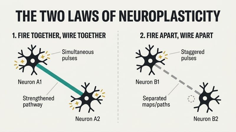 Split diagram showing how neurons active at the same moment strengthen their connections, while neurons active at separate times weaken and separate.