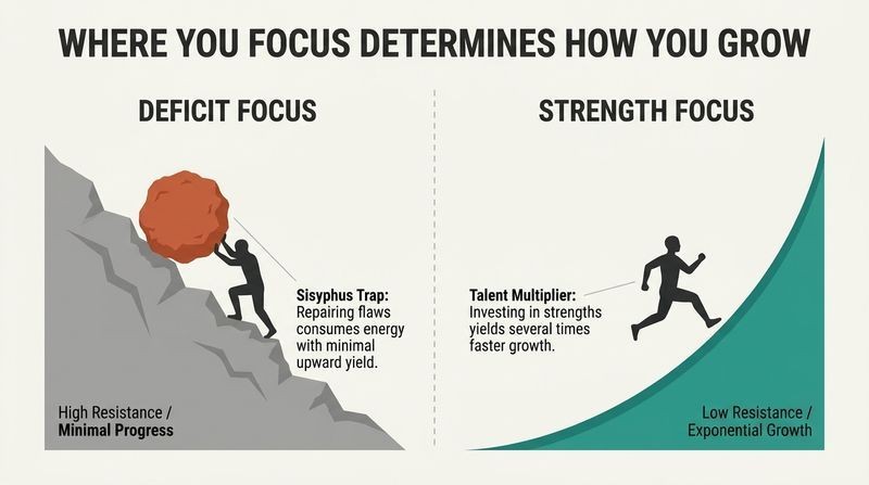 Split panel diagram comparing the heavy friction of fixing weaknesses to the rapid, exponential growth of developing strengths.