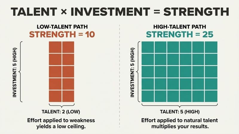 A split-panel diagram comparing how identical efforts yield vastly different strengths depending on baseline natural talent.