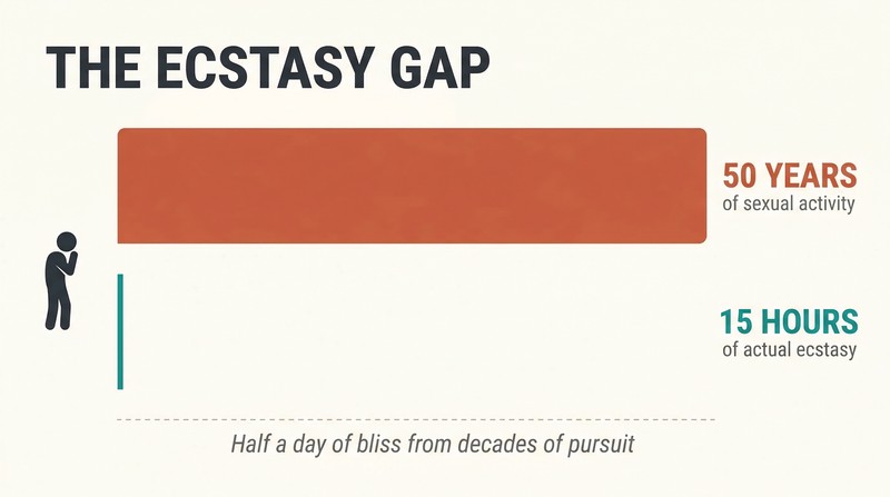 Proportion comparison showing a massive bar for fifty years of sexual activity dwarfing a tiny sliver representing only fifteen hours of actual ecstasy.