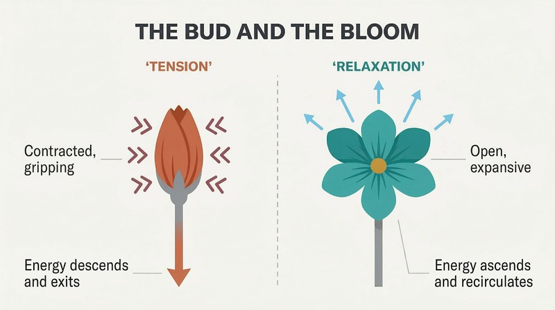 Split panel comparing a closed flower bud with downward-flowing energy on the left to an open blooming flower radiating energy upward on the right.