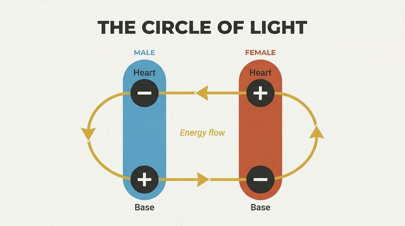 Two vertical columns with mirrored positive and negative poles connected by a circular energy flow path showing how opposite charges complete a bio-electric circuit.