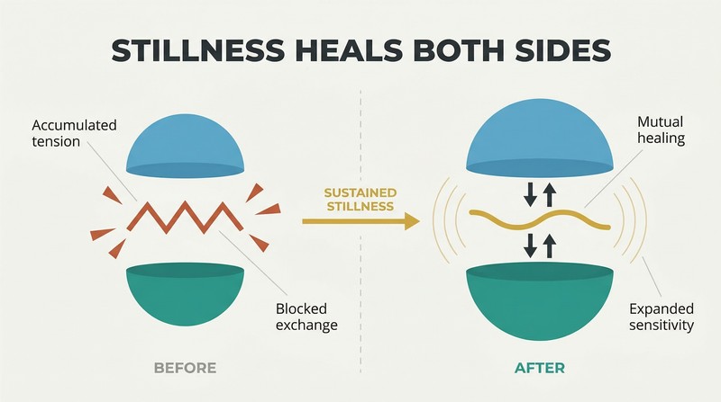 Before-and-after diagram of two abstract shapes transforming from a jagged, tense boundary to a smooth, flowing connection through sustained stillness.