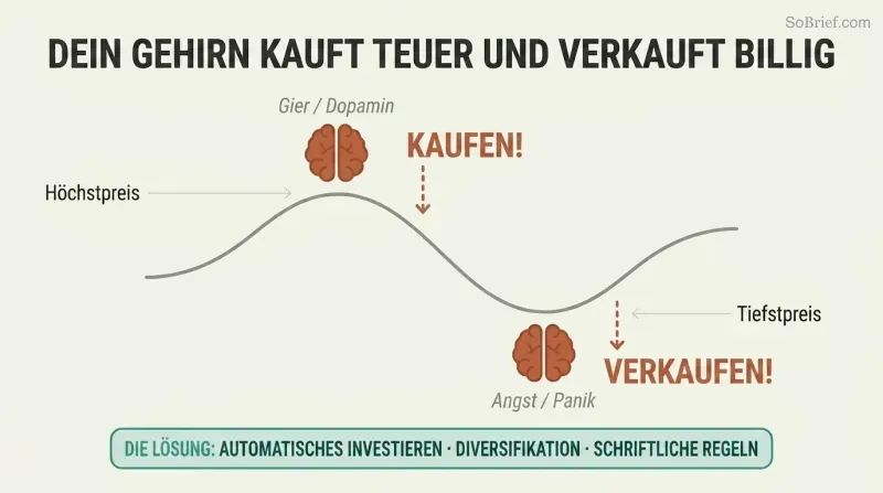 Market price wave with brain icons at peak labeled "BUY" and at trough labeled "SELL," showing how emotions invert optimal investment timing.