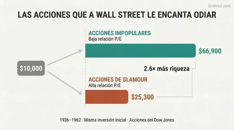 Fork diagram showing the same ten-thousand-dollar investment splitting into two bars — unpopular low-P/E stocks growing far larger than glamour high-P/E stocks.
