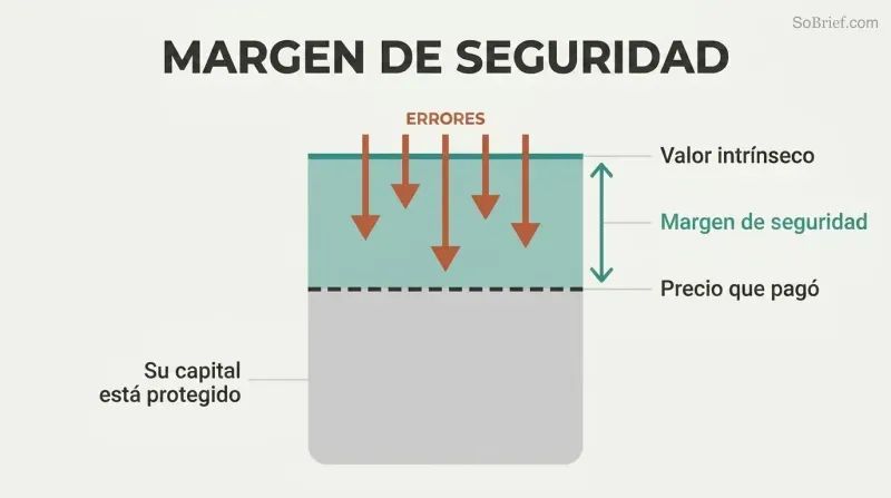 Vertical value bar showing intrinsic value above price paid, with a teal buffer zone between them absorbing downward error arrows before they reach the investment principal.