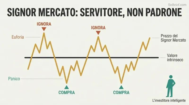Steady horizontal value line with a volatile price line swinging above and below it, showing buy opportunities at panic troughs and ignore signals at euphoric peaks.