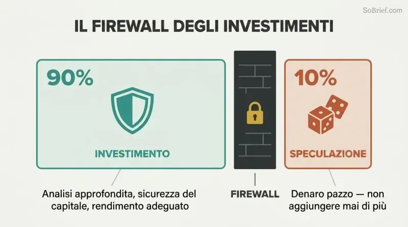 Two separated containers showing a large 90% investment zone in teal divided by a thick firewall from a small 10% speculation zone in terracotta.